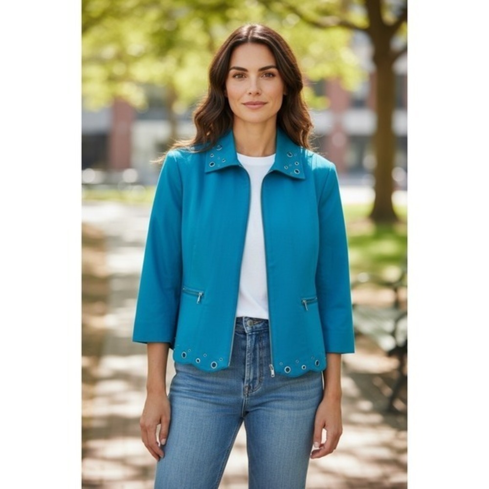 CITY GIRL Nancy Bolen Turquoise Blue Eyelet Trim Zip Front Jacket Women L